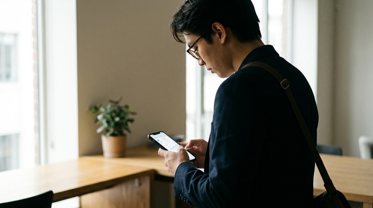 A person looking at their phone showing a live app