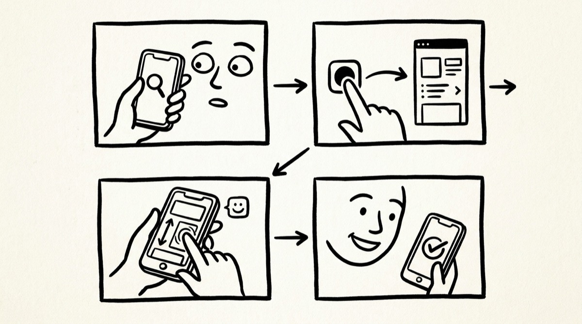 A six-frame storyboard sketch of the target user flow
